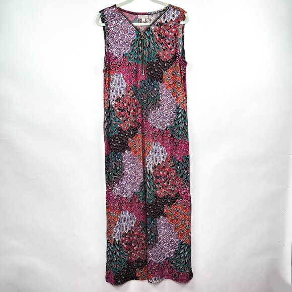 Dress Barn Peacock Pattern Sleeveless Zipper Front Maxi Dress Size XL - Picture 1 of 11